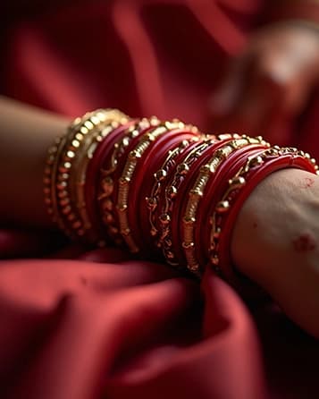 Bride's red bangles in close-up, lac and gold detail against silk