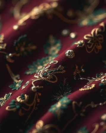 Detail of an embroidered lehenga, gold zardozi and jewel-tone silk