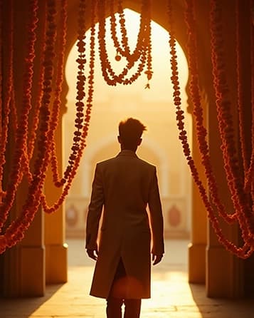 Marigold garland draped over a mandap entrance at golden hour