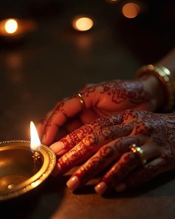 Mehendi-laden hands holding a brass diya, candlelight on henna and gold