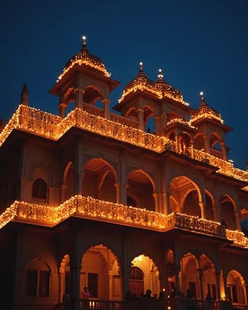 Heritage palace facade lit for festival, lantern garlands across the parapet
