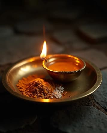 Brass thali with a single oil-lamp flame, rice and turmeric on stone