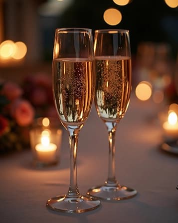 Champagne flutes catching evening light at a Tuscan villa reception