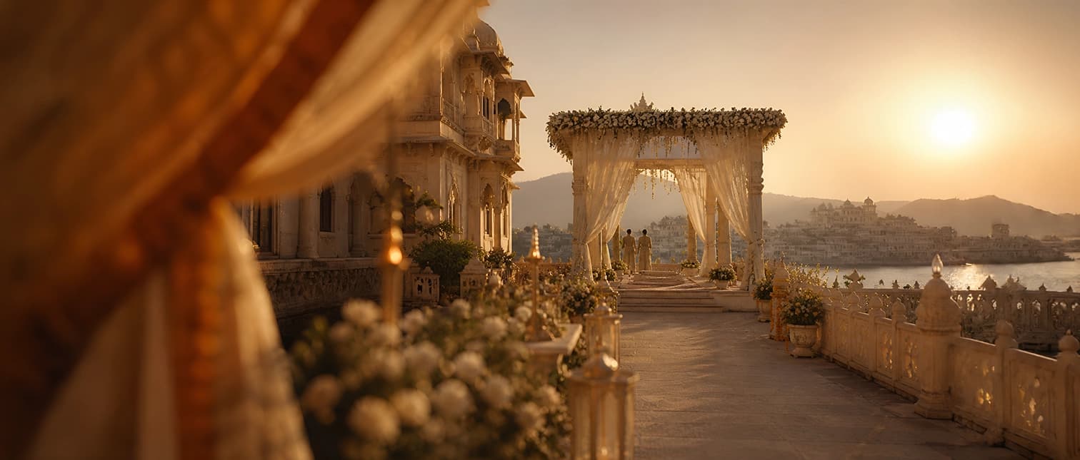 Udaipur palace courtyard at golden hour, lit for an evening reception, marigold garlands draped along stone arches