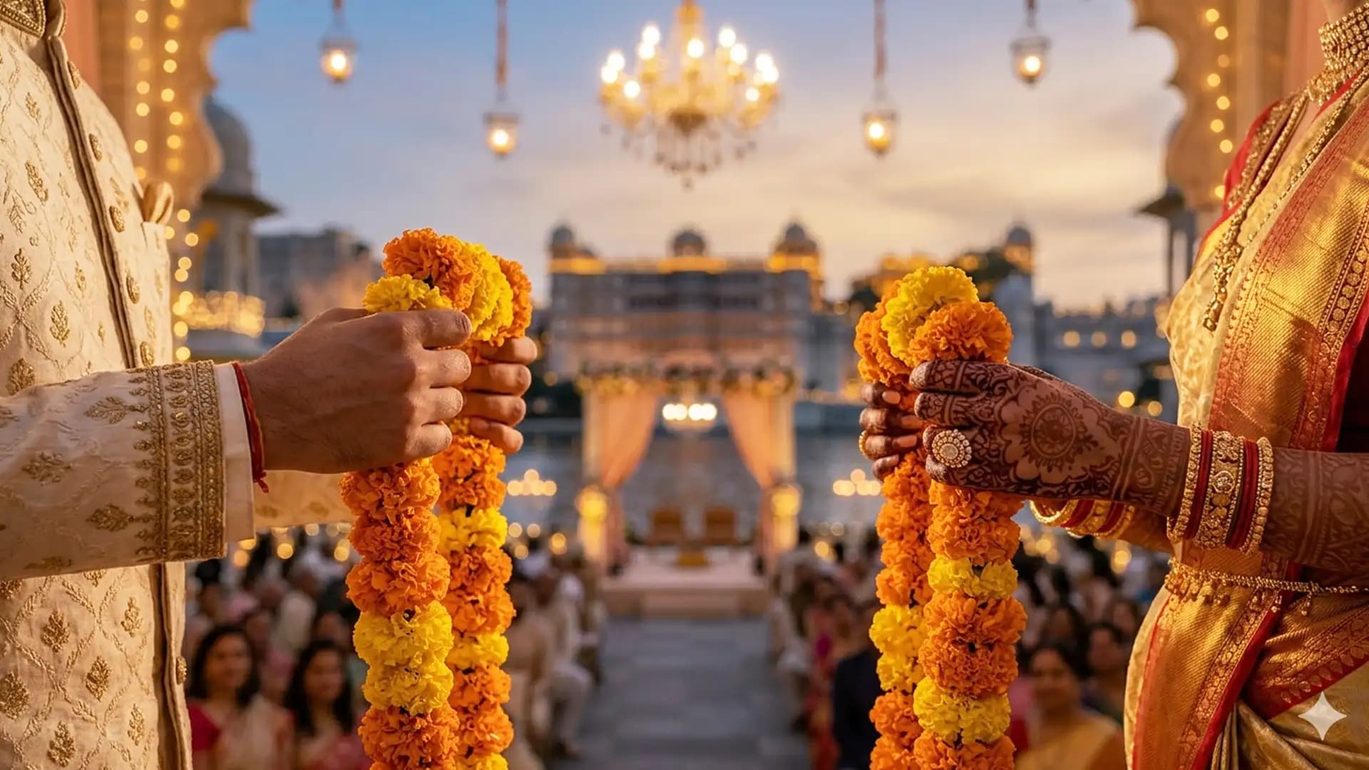 Couple's hands holding marigold garlands at twilight, mid-distance, no faces visible