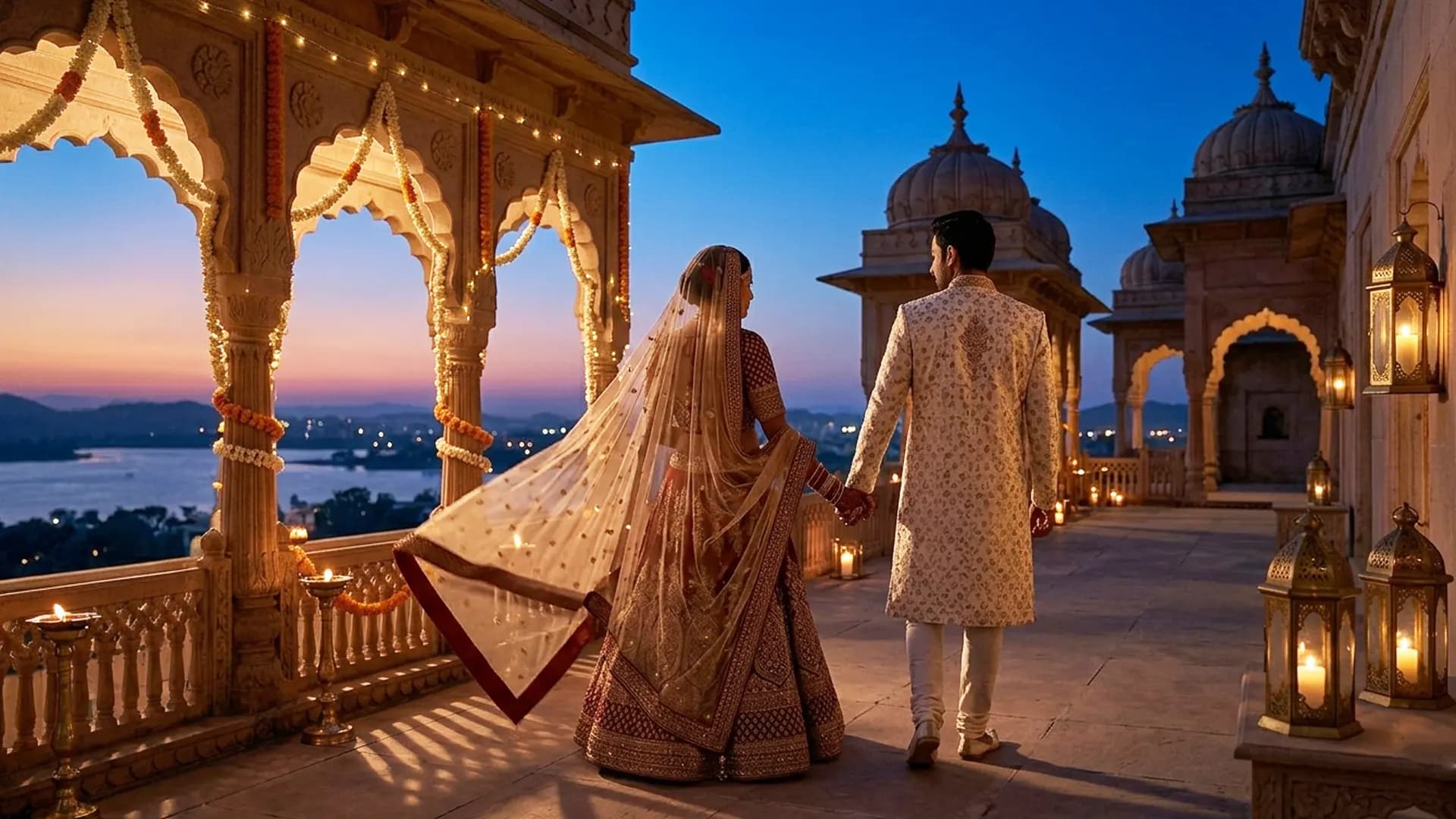 Two figures from behind on a palace terrace at sunset, hands held, no faces visible