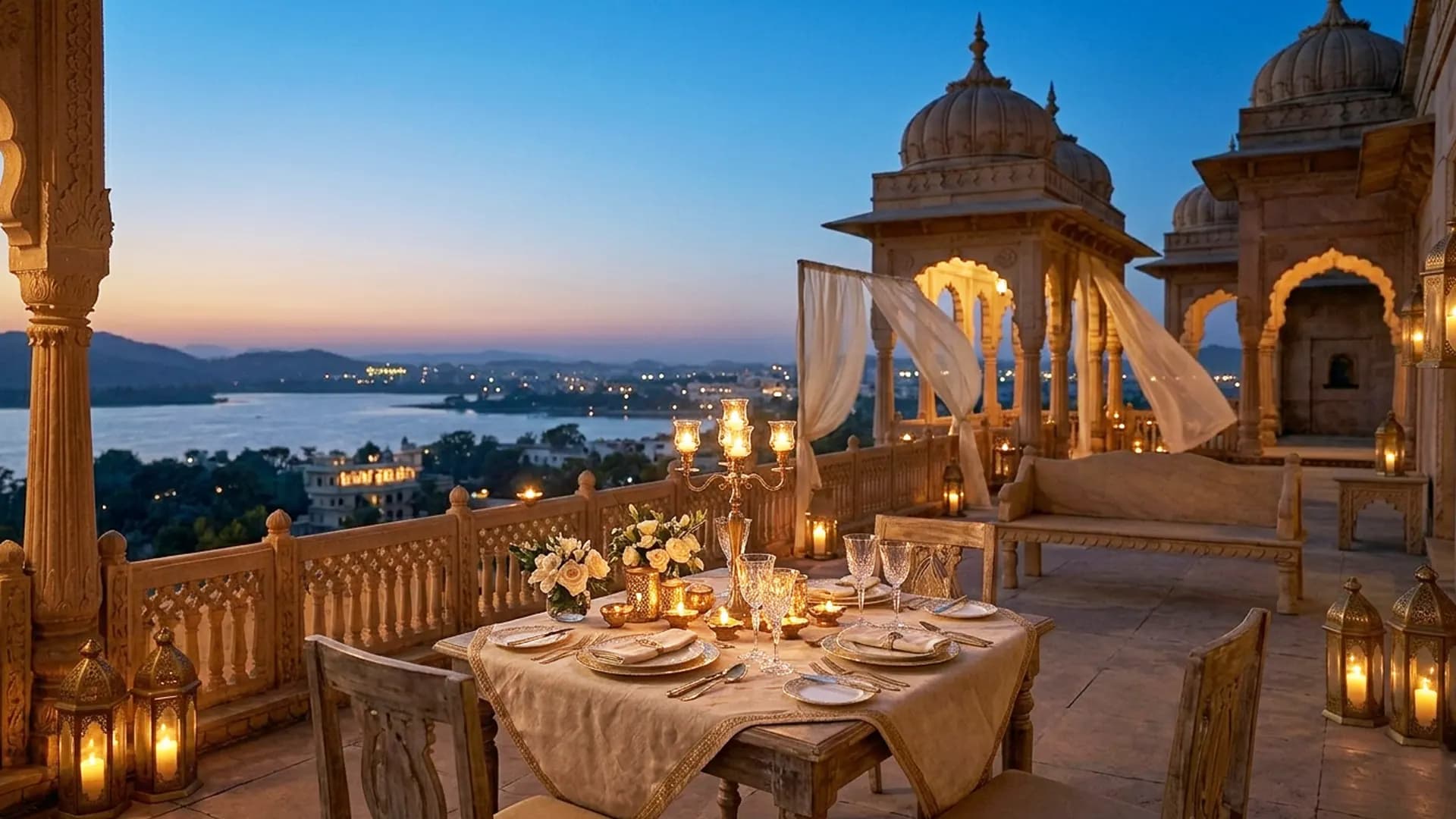 Heritage hotel terrace set for a private dinner at twilight, lantern-lit table for thirty