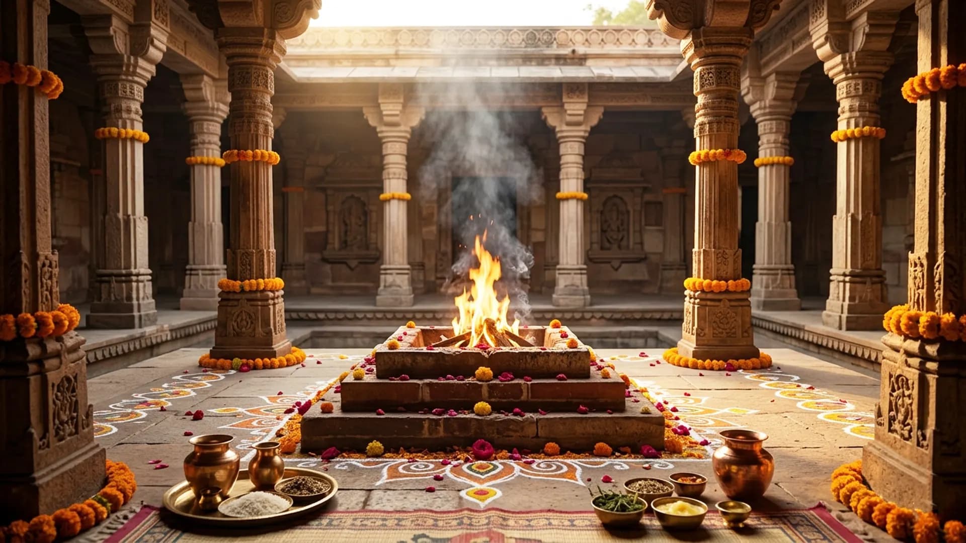 Havan kund mid-ceremony in a sandstone courtyard, copper vessels and rice grains, no faces visible