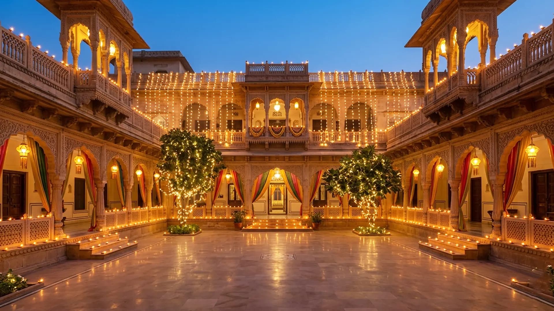 Family estate facade at festival lighting, ancestral haveli with diyas along the parapet