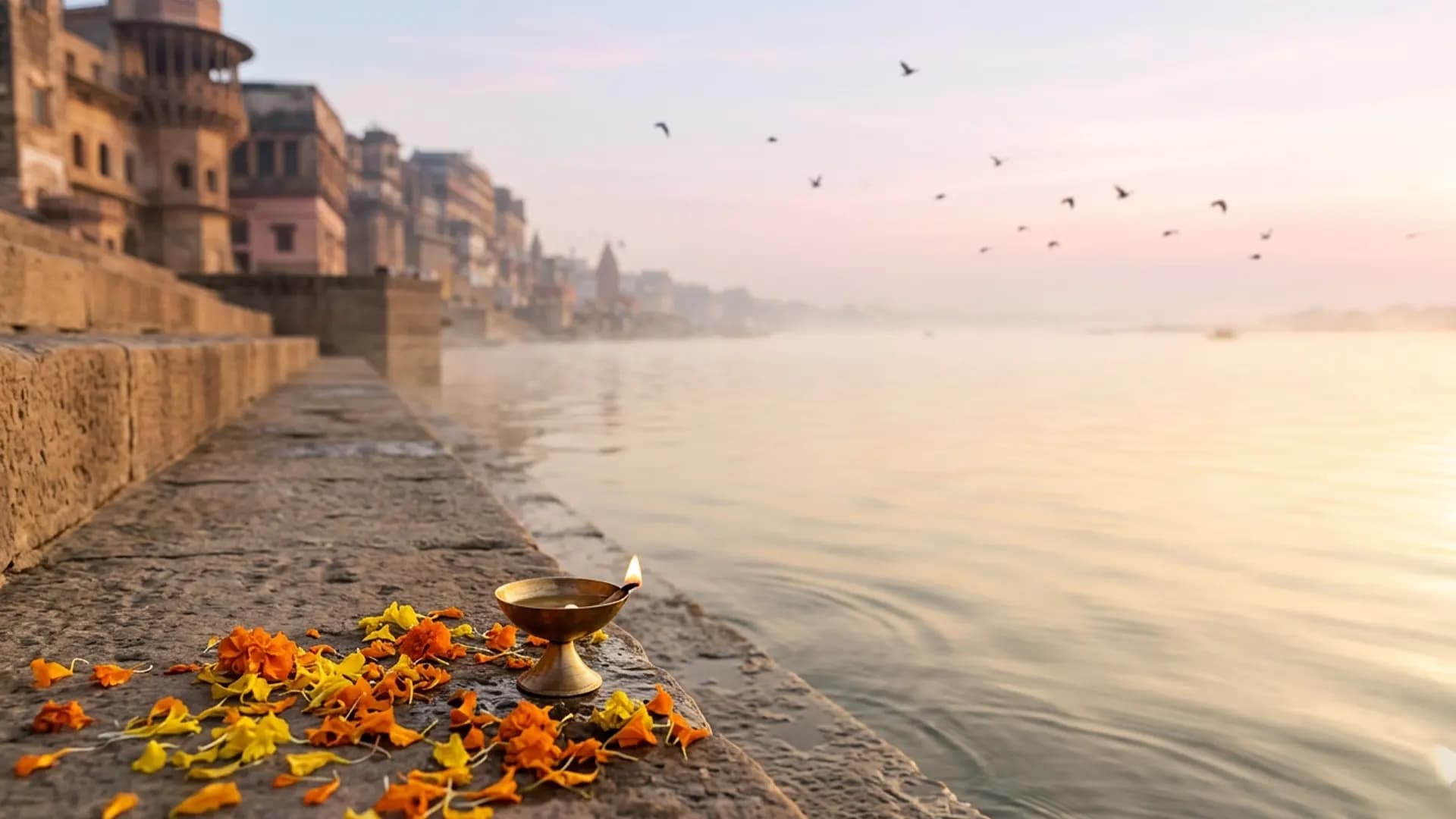 Riverside ghat at dawn, single brass diya and floating marigold petals, no faces visible