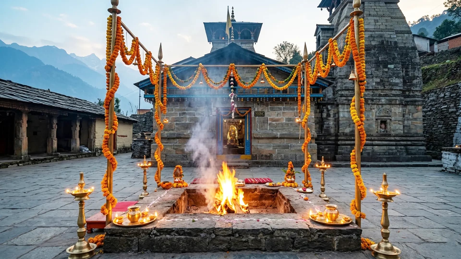 Mandap fire mid-ceremony at Triyuginarayan, marigold canopy and brass kalash, no faces visible