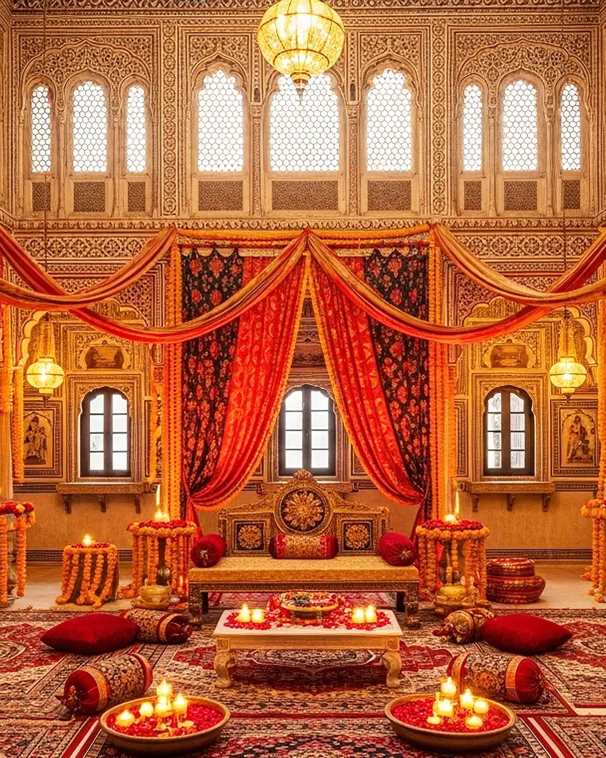 Udaipur palace courtyard at golden hour, lit for an evening reception, marigold garlands draped along stone arches